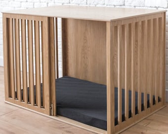 Modern Oak Dog Crate Furniture: Large Indoor Dog Kennel with Sliding Door