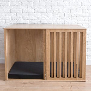 Modern Dog Kennel with Sliding Door and Cushion, Dog House Indoor, Oak Dog Crate Furniture, Wooden Dog Crate, Personalized Dog Crate, DOGGY