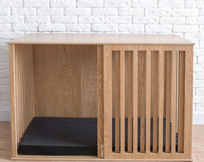 Modern Dog Kennel with Sliding Door and Cushion, Dog House Indoor, Oak Dog Crate Furniture, Wooden Dog Crate, Personalized Dog Crate, DOGGY
