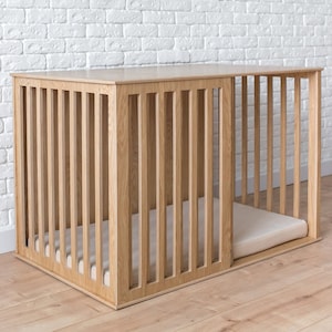 Wooden Dog Crate with Sliding Door, Oak Modern Dog Crate, Dog Kennel Furniture, Dog House Indoor, Wooden Dog Kennel, Custom Dog Crate