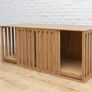 Small Double Dog Crate without Divider, Double Dog Kennel with Sliding Door, Double Wooden Dog Crate with Cushion, Double Dog House, DOGGY