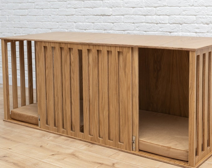 Small Double Dog Crate without Divider, Double Dog Kennel with Sliding Door, Double Wooden Dog Crate with Cushion, Double Dog House, DOGGY