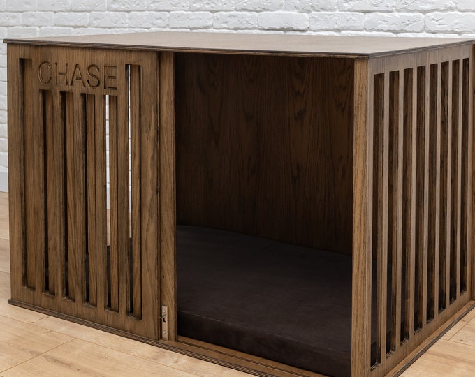 Large Wooden Modern Dog Crate with Sliding Door and Name, Oak Dog Crate Furniture, Modern Pet Crate, Indoor Dog Crate, DOGGY