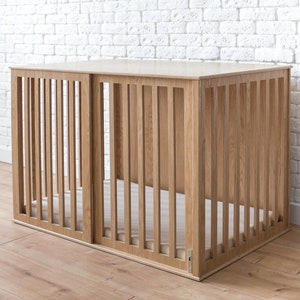Large Dog Crate Furniture with Sliding Door, Oak Modern Dog Crate, Wooden Dog Crate, Wood Dog Crate Large, Custom Dog Crate, DOGGY