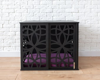 Black Modern Dog Crate: Wooden Pet Kennel with Sliding Door