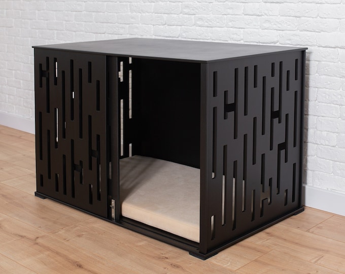 Large Dog Crate Furniture with Sliding Door, Black Wooden Dog Crate Furniture, Indoor Dog Crate with Cushion, Custom Wood Dog Crate, DOGGY