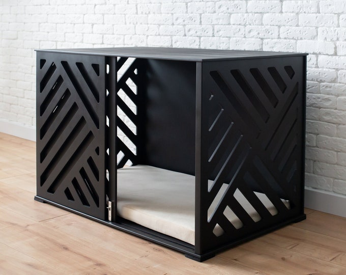 Large Modern Black Dog Crate Furniture with Sliding Door, Wooden Dog Crate, Dog Kennel Furniture, Modern Dog House, Custom Dog Crate, DOGGY