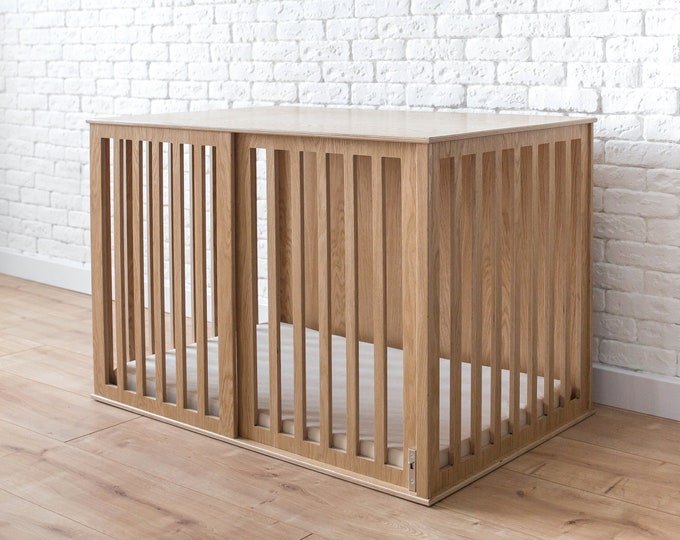 Large Dog Crate Furniture with Sliding Door, Oak Modern Dog Crate, Wooden Dog Crate, Wood Dog Crate Large, Custom Dog Crate, DOGGY