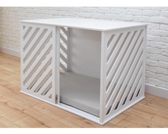 Large Dog Crate with Sliding Door, White Wood Dog Crate, Indoor Dog House, Large Dog Kennel Furniture, Custom Dog Crate Furniture, DOGGY