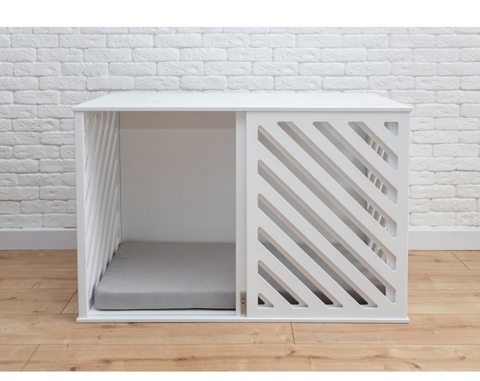 White Modern Pet Crate, Indoor Dog House with Door, Dog Kennel Indoor, Wood Dog House, Indoor Dog Crate, Custom Dog Crate Furniture, DOGGY