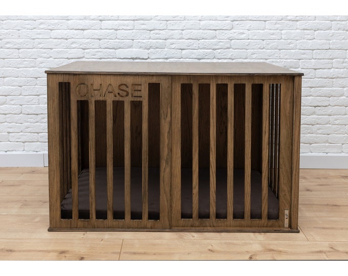 Wood Modern Dog Crate with Sliding Door and Name, Oak Dog Crate Furniture, Modern Pet Crate, Indoor Dog Crate, Small to XX-Large Size, DOGGY
