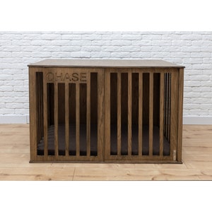 Wood Modern Dog Crate with Sliding Door and Name, Oak Dog Crate Furniture, Modern Pet Crate, Indoor Dog Crate, Small to XX-Large Size, DOGGY
