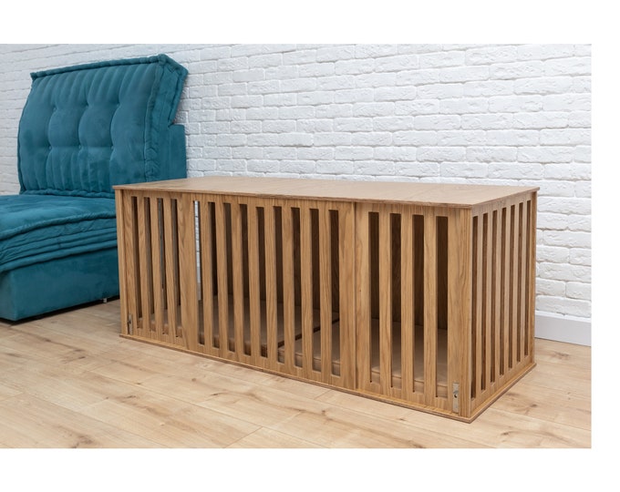 Double Dog Crate Furniture without Divider with Sliding Door, Double Wooden Dog Crate for 2 Dogs with Cushion, Double Dog Kennel, DOGGY