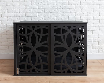Modern Black Dog Crate: Wooden Pet Kennel with Sliding Door