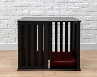 Black Wooden Dog Crate: Modern Sliding Door Kennel with Cushion