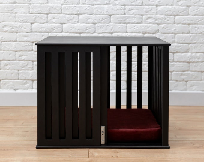 Black Wooden Modern Dog Crate with Sliding Door and Cushion, Custom Dog Crate, Sizes - X-Small, Small, Medium, Large, X-Large, XX-Large
