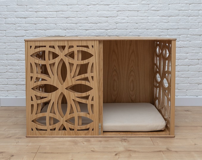 Oak Modern Dog Crate with Sliding Door, Wooden Dog Crate, Oak Dog Kennel Furniture, Dog Crate Wood, Dog Crate Furniture, Custom Dog Crate