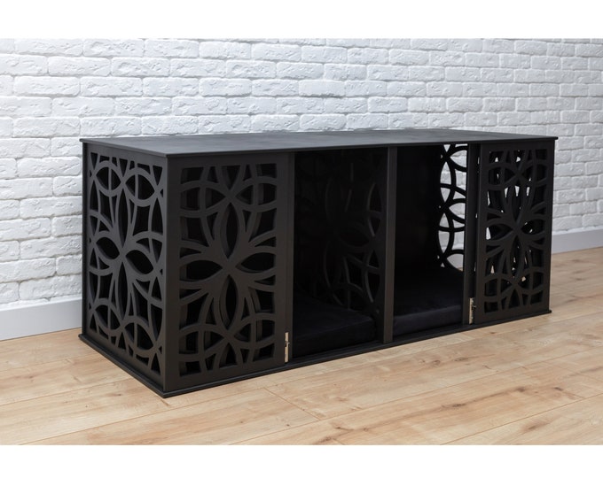 Double Small Dog Crate Furniture with Sliding Door, Double Small Dog Crate, Double Small Wooden Dog Crate, Dog Crate With Divider, DOGGY