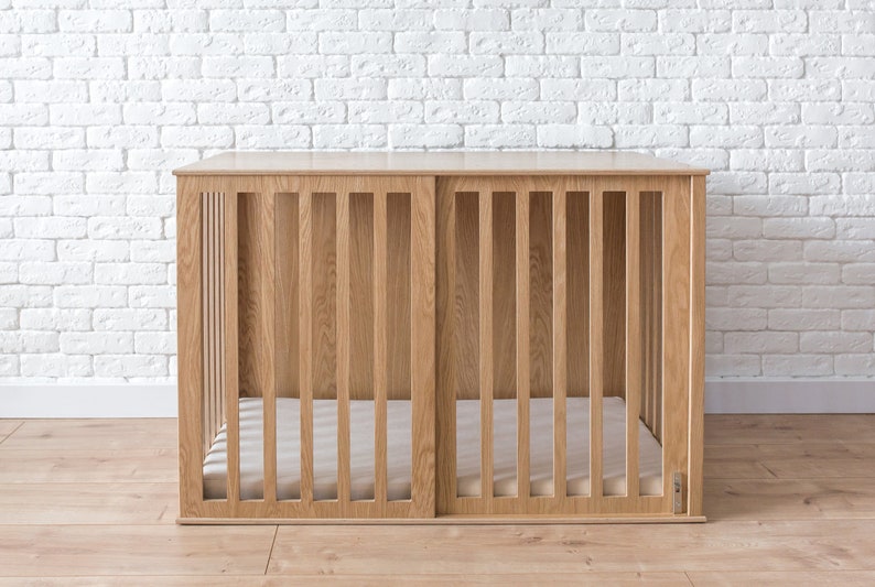 Wooden Dog Crate with Sliding Door, Oak Modern Dog Crate, Dog Kennel Furniture, Dog House Indoor, Wooden Dog Kennel, Custom Dog Crate