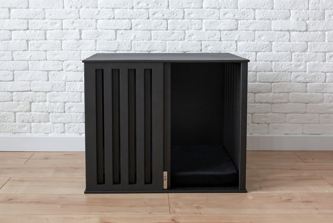 Image showcasing Small Dog Crate, Wooden Dog Crate With Sliding Door and Cushion, Modern ...