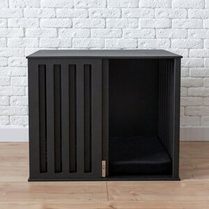 Small Dog Crate, Wooden Dog Crate with Sliding Door and Cushion, Modern Dog House, Indoor Dog Crate, Small Dog House, Black Dog Crate, DOGGY