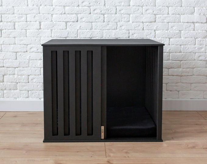 Small Dog Crate, Wooden Dog Crate with Sliding Door and Cushion, Modern Dog House, Indoor Dog Crate, Small Dog House, Black Dog Crate, DOGGY