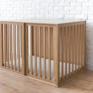 Image showcasing Modern Wood Dog Crate With Sliding Door - Custom Dog Kennel Size - Etsy