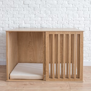 Wooden Dog Crate with Sliding Door, Oak Dog Kennel Furniture, Dog House Indoor, Dog Crate Furniture, Wooden Dog Crate, Custom Dog Crate