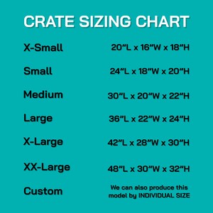K&ouml;nnte beinhalten: Eine Tabelle mit den Gr&ouml;&szlig;en und Abmessungen von Kisten in Zoll. Die Gr&ouml;&szlig;en sind X-Small, Small, Medium, Large, X-Large, XX-Large und Custom. Die Abmessungen sind in L&auml;nge, Breite und H&ouml;he angegeben. Beispielsweise ist die X-Small Kiste 20 Zoll lang, 16 Zoll breit und 18 Zoll hoch.