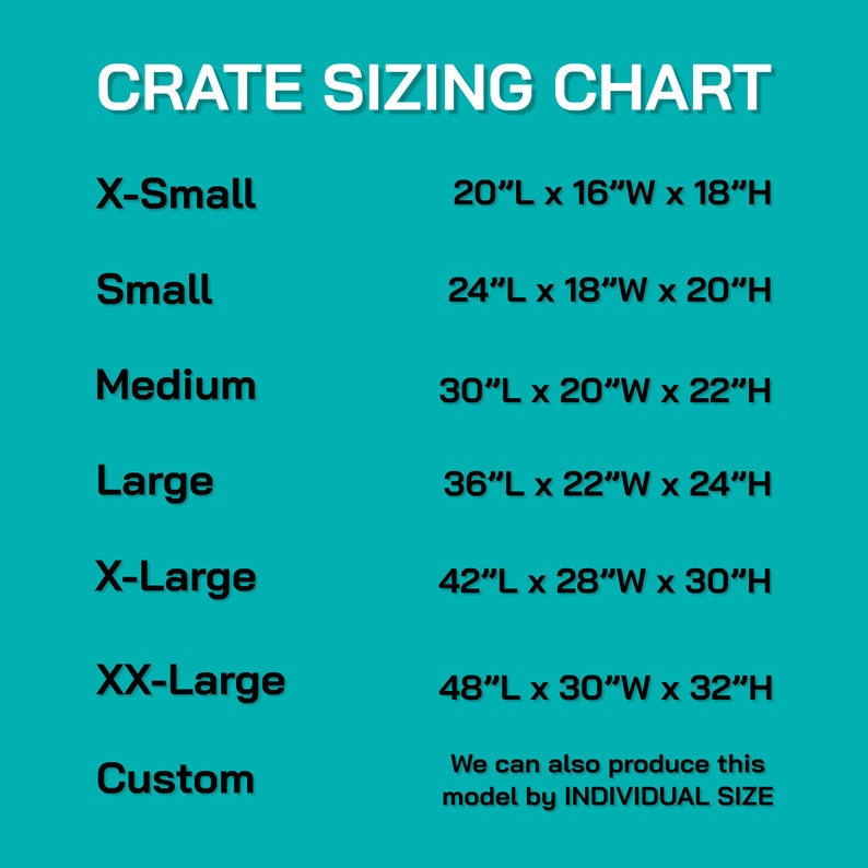 K&ouml;nnte beinhalten: Eine Tabelle mit den Gr&ouml;&szlig;en und Abmessungen von Kisten in Zoll. Die Gr&ouml;&szlig;en sind X-Small, Small, Medium, Large, X-Large, XX-Large und Custom. Die Abmessungen sind in L&auml;nge, Breite und H&ouml;he angegeben. Beispielsweise ist die X-Small Kiste 20 Zoll lang, 16 Zoll breit und 18 Zoll hoch.
