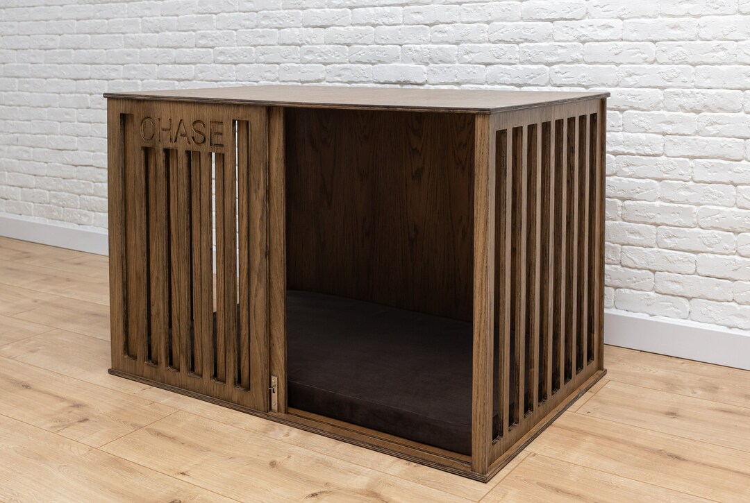 Oak Dog Crate Furniture: Modern Wooden Pet Kennel With Sliding Door - Etsy - Oak Wooden Dog Crate Storage For Small Home Office