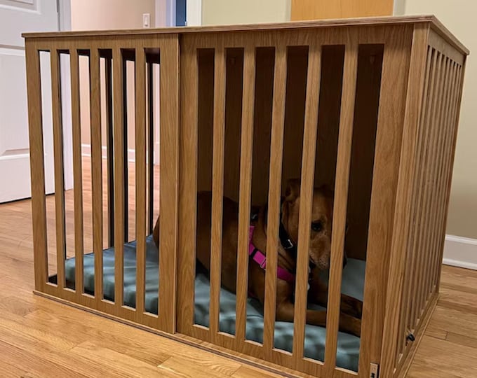 X-Large Wood Dog Crate with Sliding Door and Cushion, Oak Modern Dog Crate, Dog Kennel Furniture, Dog House Indoor, Wooden Dog Kennel, DOGGY