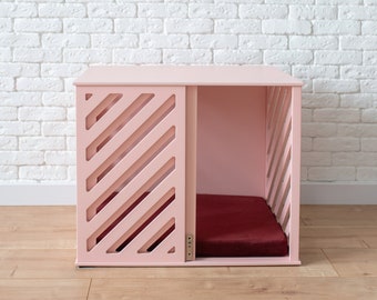 Pink Modern Dog Kennel with Sliding Door, Dog Crate, Modern Dog Kennel, Wooden Dog Crate, Modern Dog House, Custom Dog Crate