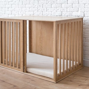 Wooden Dog Crate with Sliding Door, Oak Modern Dog Crate, Dog Kennel Furniture, Dog House Indoor, Wooden Dog Kennel, Custom Dog Crate