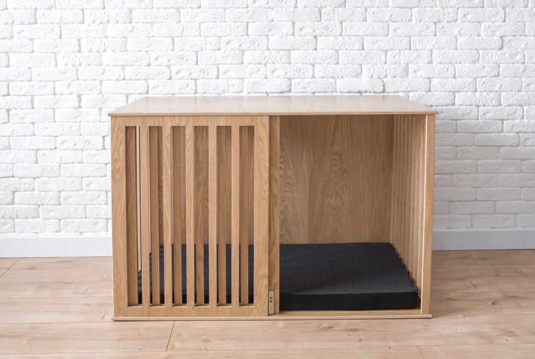 View of Oak Wooden Dog Crate With Sliding Door, Modern Dog House Furniture - Etsy