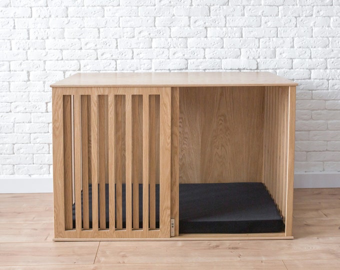 Wooden Dog Crate with Sliding Door, Dog Kennel, Modern Dog House, Oak Dog Crate Furniture, Modern Dog Crate, Personalized Dog Crate