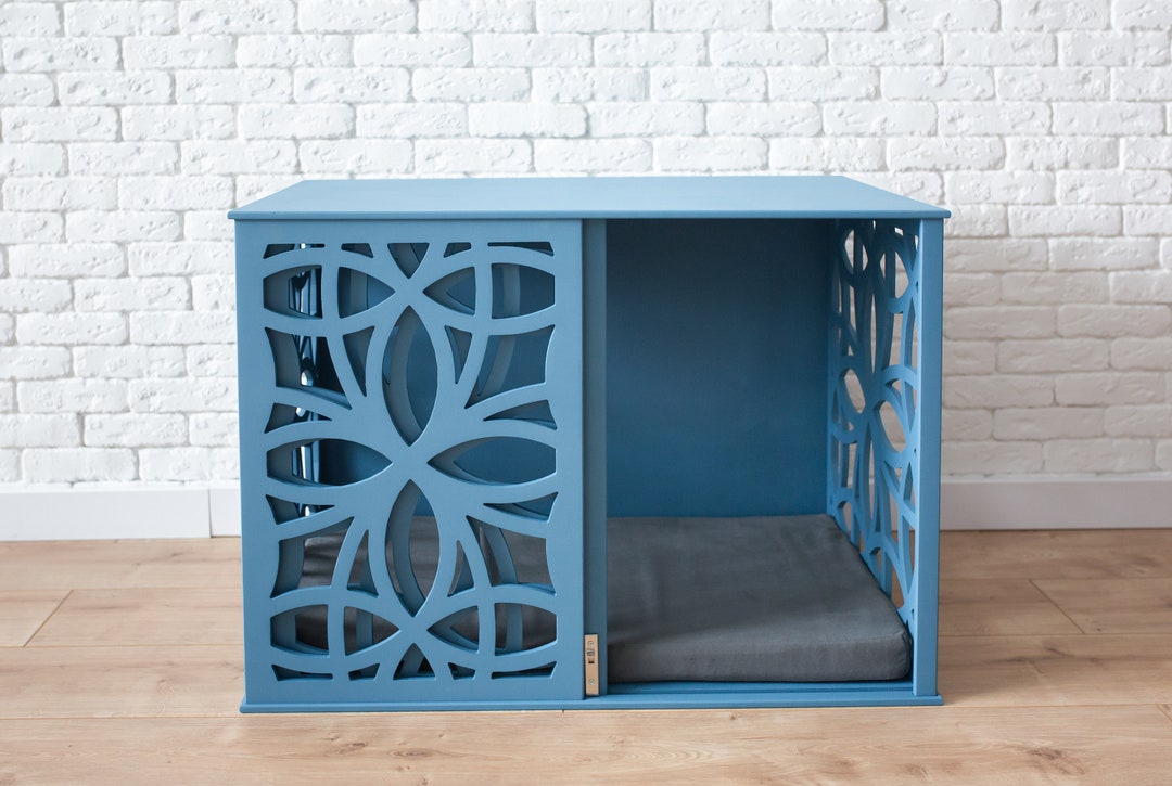 Blue Dog Crate Furniture, Modern Dog Crate, Dog Kennel Furniture, Dog House Indoor, Wood Dog