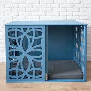 Blue Dog Crate Furniture, Modern Dog Crate, Dog Kennel Furniture, Dog House Indoor, Wood Dog Kennel, Dog Crate Coffee Table, DOGGY