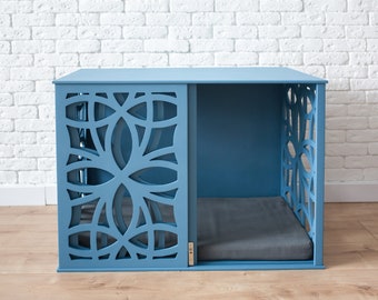 Blue Dog Crate Furniture, Modern Wood Kennel, Indoor Dog House