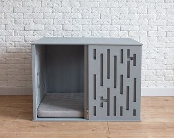 Gray Modern Dog Crate: Wooden Indoor Pet House with Sliding Door
