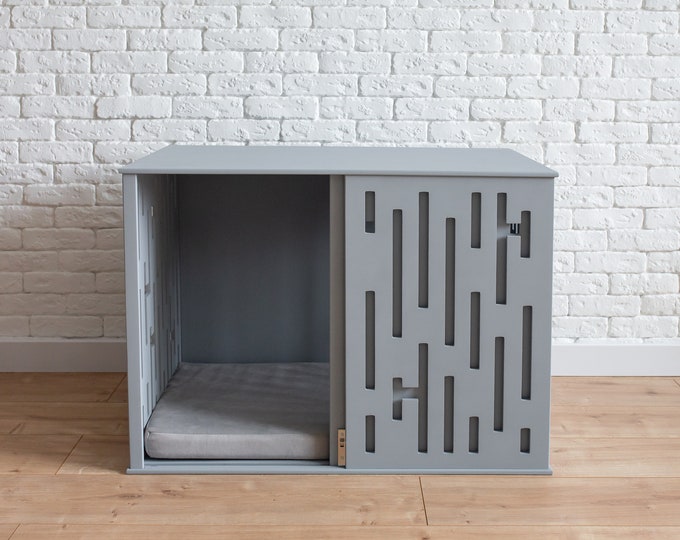 Gray Modern Dog Crate with Sliding Door, Wooden Pet House, Indoor Dog Crate, Modern Dog House, Stylish Dog Crate, Indoor Dog House, DOGGY