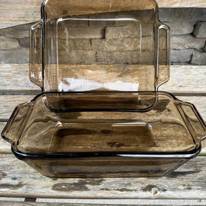 Smokey Brown Colored Glass Anchor Hocking Baking Dishes 2 Quart Square Casserole and a 1.5 Quart Loaf Pan Set of 2 #J READ DETAILS