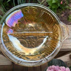Vintage Marigold Carnival Glass Divided Relish Dish Orange Killarney Pattern by Indiana Glass Footed Bowl Pressed Glass #K READ DETAIL