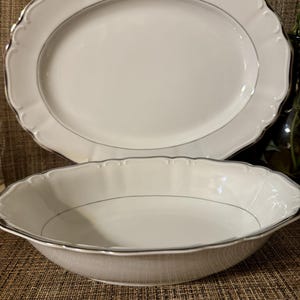 Harmony House Silver Serving Pieces Oval Bowl Oval Platter Meat Tray Vegetable Bowl Silver Trim Swirl Pattern Set of 2 READ DETAILS