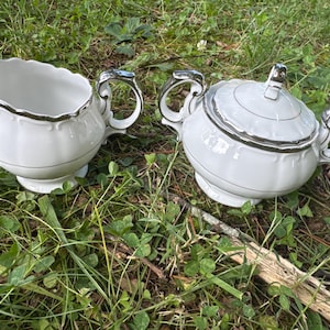 Vintage Creamer and Sugar Bowl Harmony House Silver Sonata Swirl Sides Silver Trim White Base Set of 2