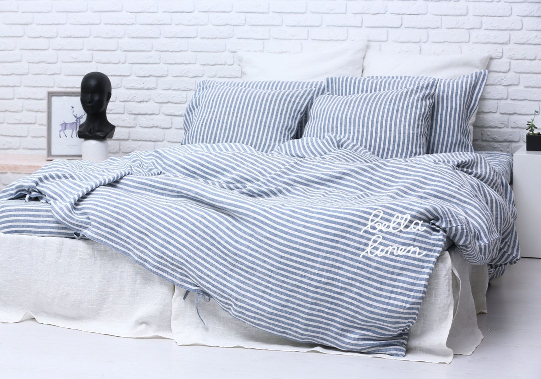 Linen Bedding, Blue Striped Linen Duvet Cover, Softened Linen Duvet