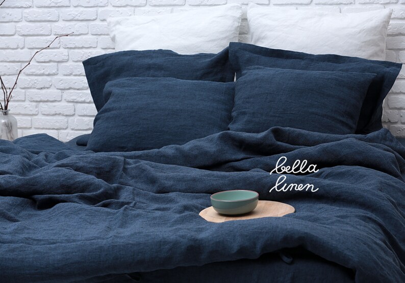 Linen Duvet Cover With Two Pillowcases in Navy Blue, Queen Size