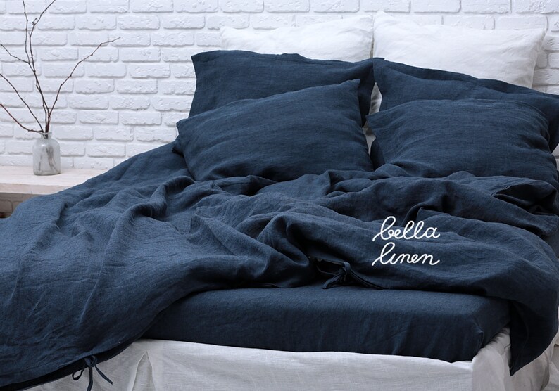 Linen Duvet Cover With Two Pillowcases in Navy Blue, Queen Size