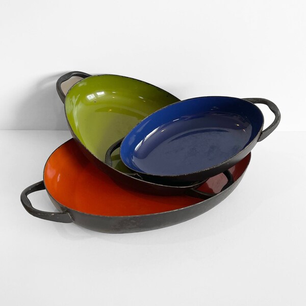 Vintage Oval Orange, Green, and Blue Enamel Pan Set