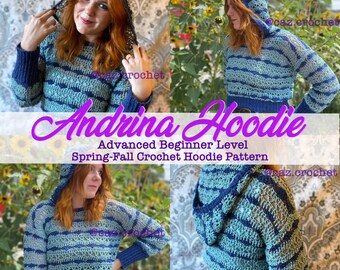 May include: A blue and teal crochet hoodie with a striped pattern. The hoodie has a hood and is cropped. The model is wearing the hoodie with blue jeans.